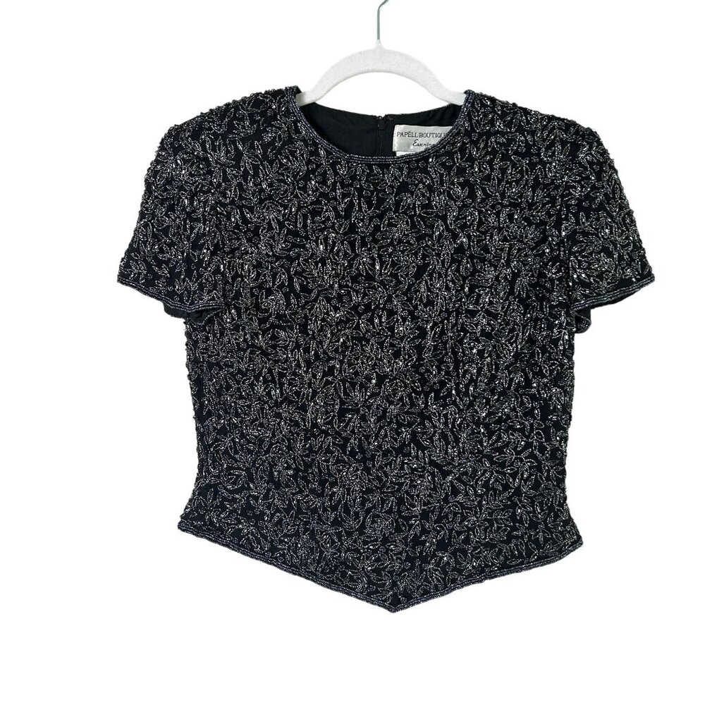Papell Boutique Evening Silk Top Petite S‎ PS Black Embellished Vintage Formal